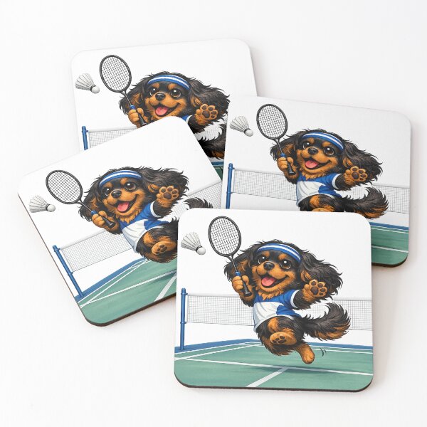 Item preview, Black and Tan Cavalier Playing Badminton designed and sold by SpottyRainbow.