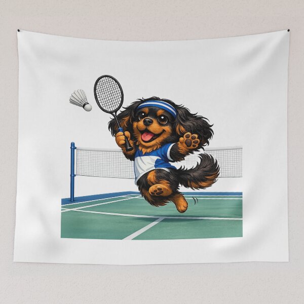 Item preview, Black and Tan Cavalier Playing Badminton designed and sold by SpottyRainbow.