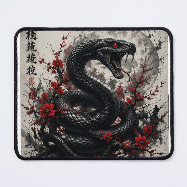 Item preview, Mystic Black Snake Coiled in Red Flowers designed and sold by HollowOakPrints.