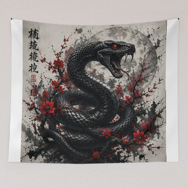 Item preview, Mystic Black Snake Coiled in Red Flowers designed and sold by HollowOakPrints.