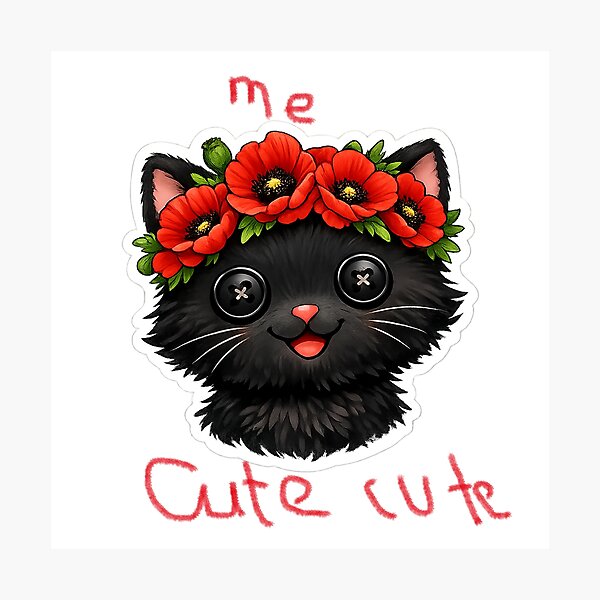 Item preview, Cute black kitten with button eyes and red poppies crown  designed and sold by wallartofmio.