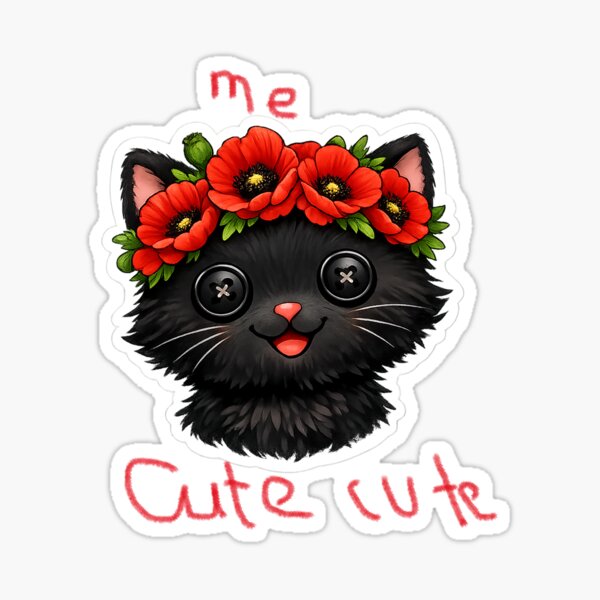 Item preview, Cute black kitten with button eyes and red poppies crown  designed and sold by wallartofmio.