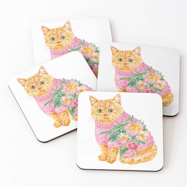 Item preview, Cute Ginger Cat in Floral Pink Sweater | Watercolor Cottagecore Kitten designed and sold by bubulaladesigns.