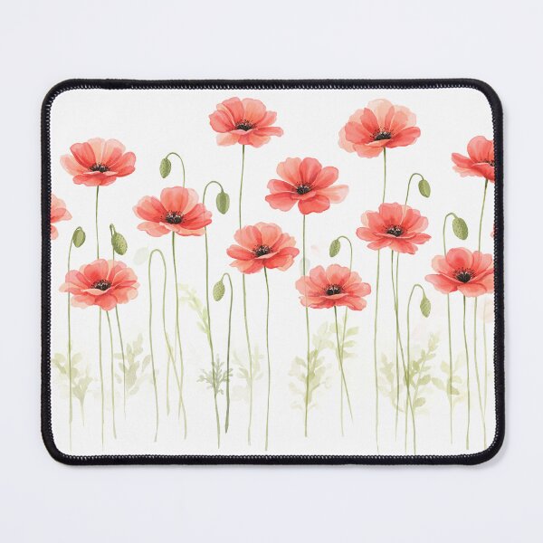 Item preview, Red poppies on a white background with green leaves designed and sold by wallartofmio.
