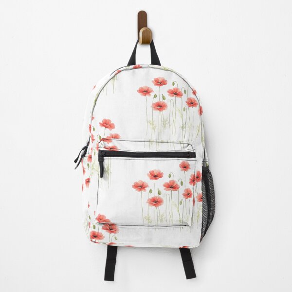 Item preview, Red poppies on a white background with green leaves designed and sold by wallartofmio.