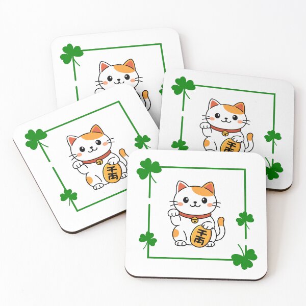 Item preview, Lucky Cat with Clover Floral Frame | Green & Orange Maneki Neko Illustration designed and sold by ArtivaaStudio.