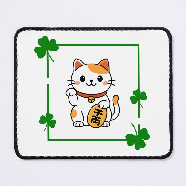 Item preview, Lucky Cat with Clover Floral Frame | Green & Orange Maneki Neko Illustration designed and sold by ArtivaaStudio.
