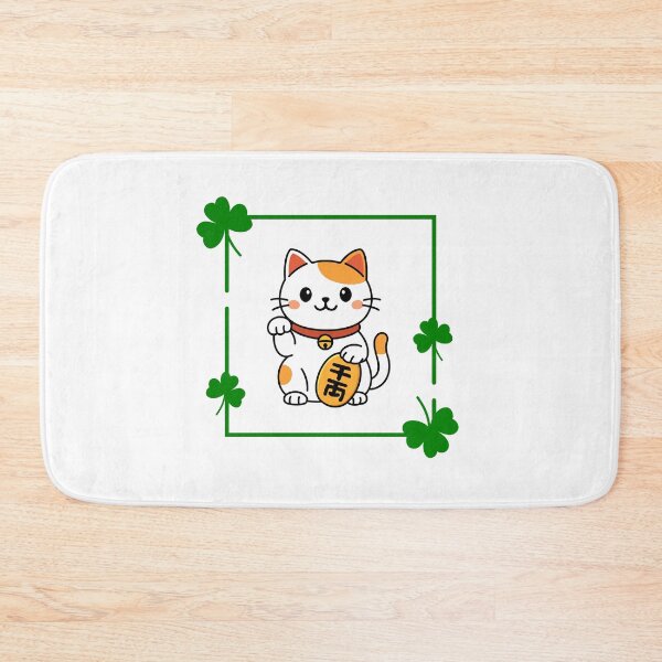 Item preview, Lucky Cat with Clover Floral Frame | Green & Orange Maneki Neko Illustration designed and sold by ArtivaaStudio.