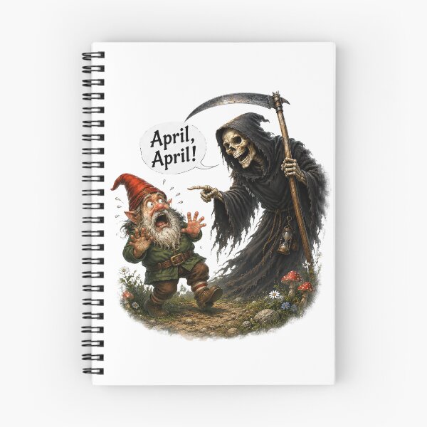 Item preview, April, April! Terrified Gnome Meets Grim Reaper – Funny German April Fool Joke designed and sold by Alpine-Ink.