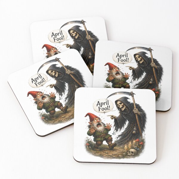 Item preview, April Fool! Scared Garden Gnome and Grim Reaper Funny Dark Humor Fantasy Art designed and sold by Alpine-Ink.