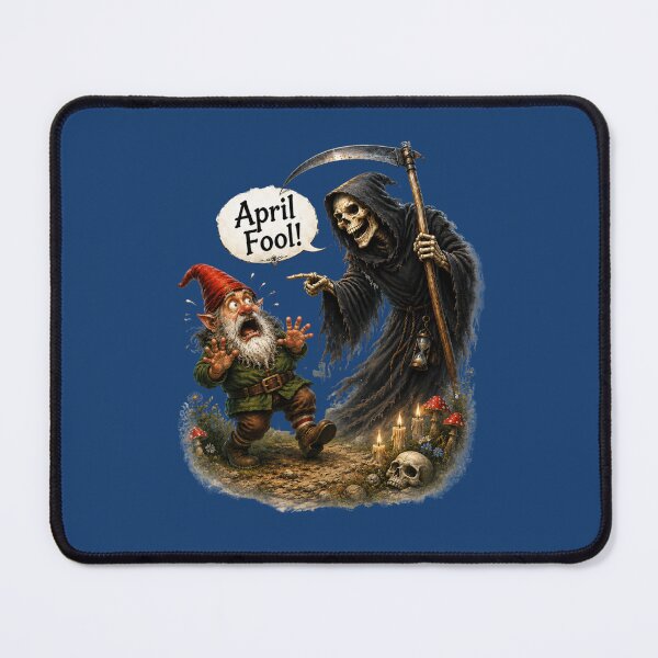 Item preview, April Fool! Scared Garden Gnome and Grim Reaper Funny Dark Humor Fantasy Art designed and sold by Alpine-Ink.