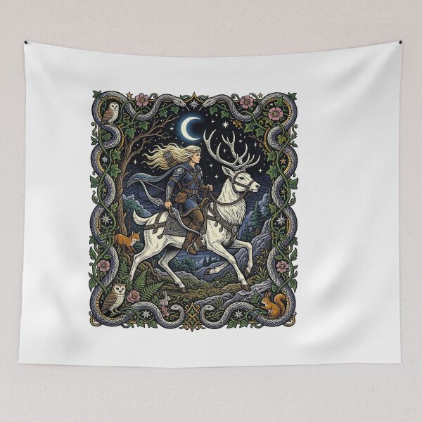 Item preview, Mystical strong woman Rider On Stag Dark Forest Fantasy designed and sold by TeeARTHY.