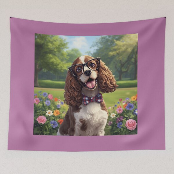 Item preview, A happy summer cocker spaniel among flowers with a butterfly on its neck designed and sold by Kolibra.
