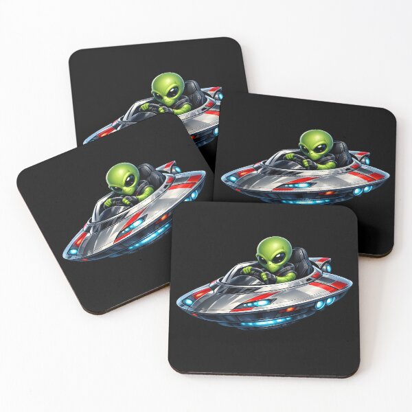 Item preview, Alien Driving a Flying Saucer Like a Sports Car | Premium UFO Cartoon Illustration designed and sold by builtforyou.