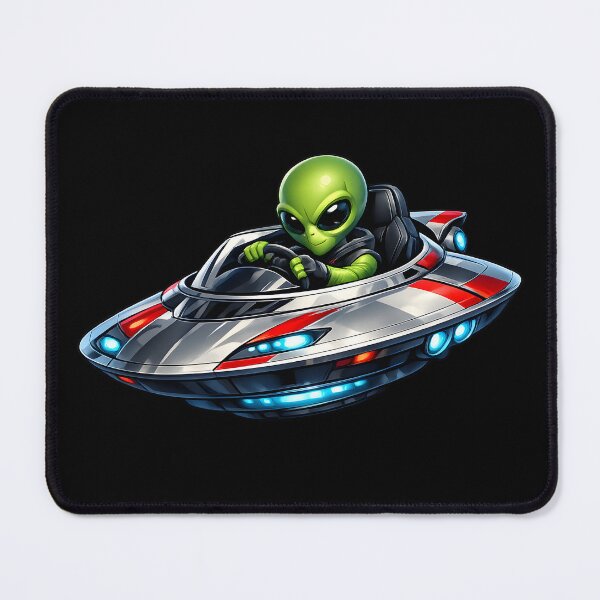 Item preview, Alien Driving a Flying Saucer Like a Sports Car | Premium UFO Cartoon Illustration designed and sold by builtforyou.