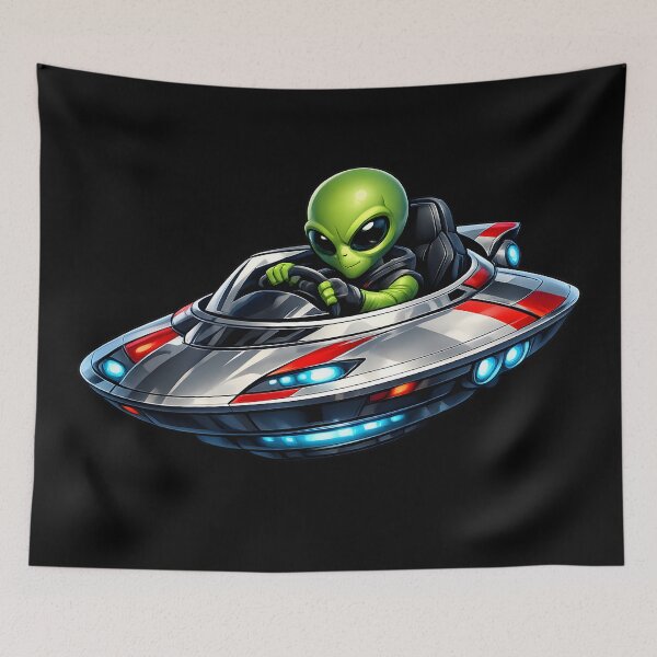 Item preview, Alien Driving a Flying Saucer Like a Sports Car | Premium UFO Cartoon Illustration designed and sold by builtforyou.