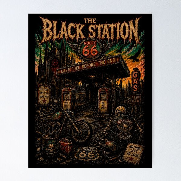 Item preview, THE BLACK STATION | Vintage Biker Heavy Metal T-Shirt | The Wasteland Chronicles | RetroCrypt Studio designed and sold by RetroCrypt Studio.