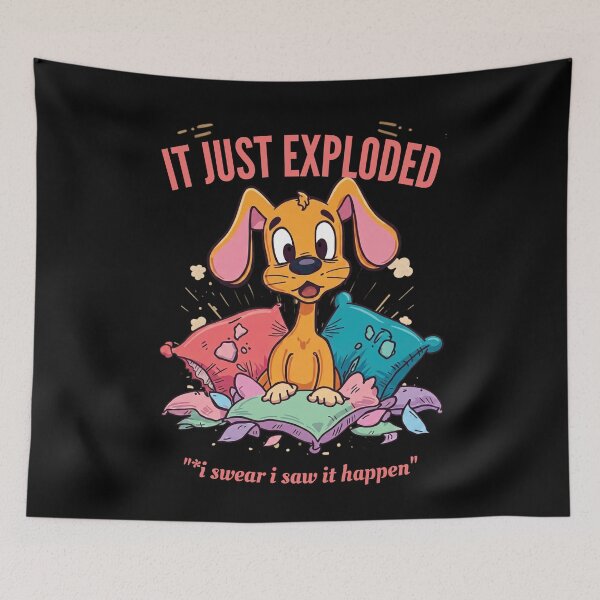 Item preview, It Just Exploded Puppy Retro Vintage Cartoon Funny Dog on Black designed and sold by The Fine Print by BassAddict.