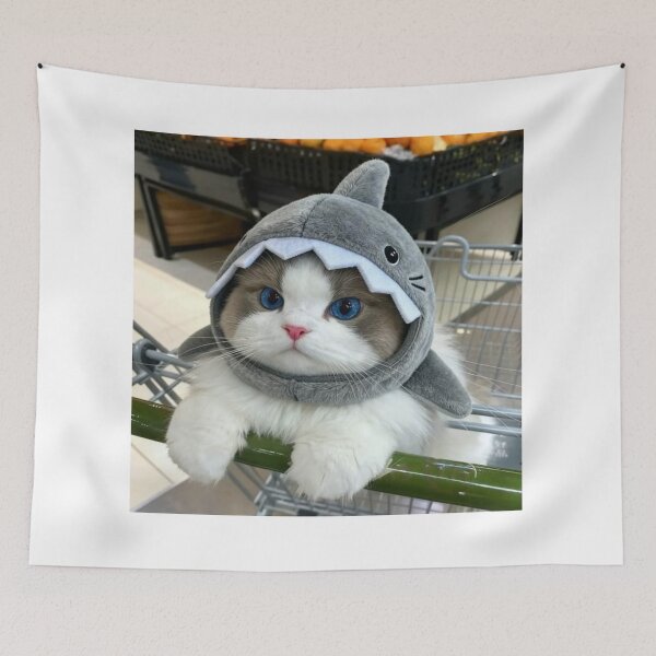 Item preview, Blue-Eyed Cat in Shark Hoodie – Cute Kawaii Kitty in Shopping Cart | Funny Cat Aesthetic Art designed and sold by Jesus-istheway.