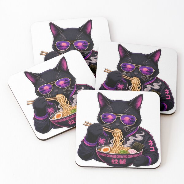 Item preview, cat eating ramen Retro Vaporwave Black Cat Ramen - 80s Synthwave Aesthetic Neko designed and sold by Uglyandcute.