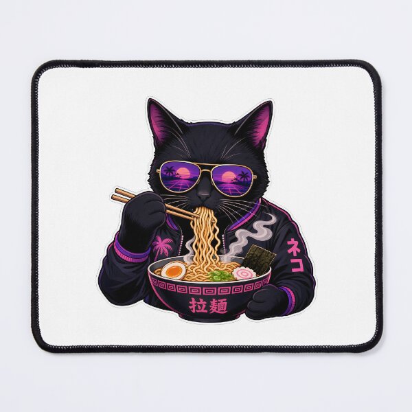 Item preview, cat eating ramen Retro Vaporwave Black Cat Ramen - 80s Synthwave Aesthetic Neko designed and sold by Uglyandcute.