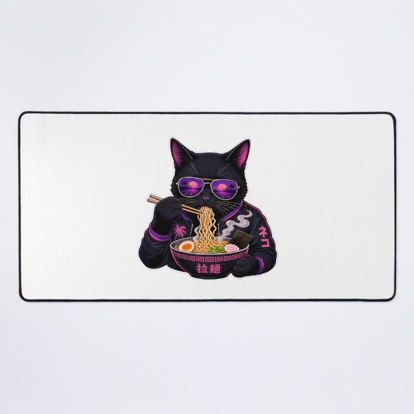 Item preview, cat eating ramen Retro Vaporwave Black Cat Ramen - 80s Synthwave Aesthetic Neko designed and sold by Uglyandcute.