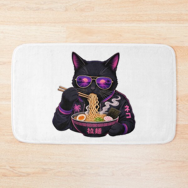 Item preview, cat eating ramen Retro Vaporwave Black Cat Ramen - 80s Synthwave Aesthetic Neko designed and sold by Uglyandcute.