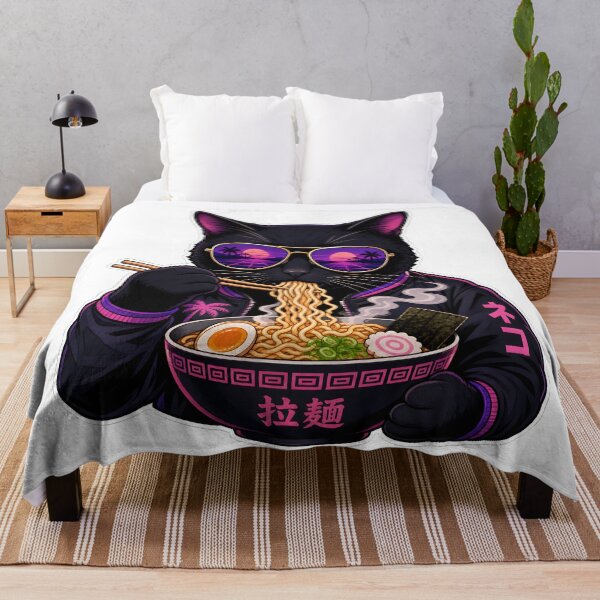 Item preview, cat eating ramen Retro Vaporwave Black Cat Ramen - 80s Synthwave Aesthetic Neko designed and sold by Uglyandcute.