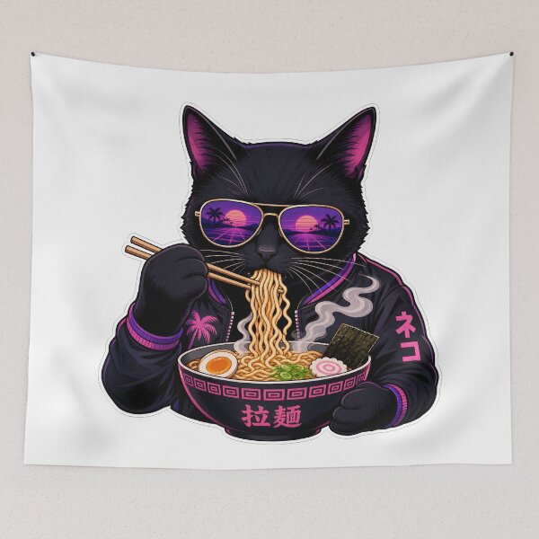 Item preview, cat eating ramen Retro Vaporwave Black Cat Ramen - 80s Synthwave Aesthetic Neko designed and sold by Uglyandcute.