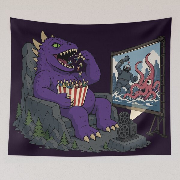 Item preview, Kaiju Monster Eating People Like Popcorn at the Drive-In Movie Munchies – Funny Godzilla-Inspired B-Movie Horror Art designed and sold by ShirtRemarks.