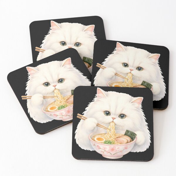 Item preview, cat eating ramen Fluffy White Persian Cat Ramen - Soft Watercolor Pastel Aesthetic designed and sold by Uglyandcute.