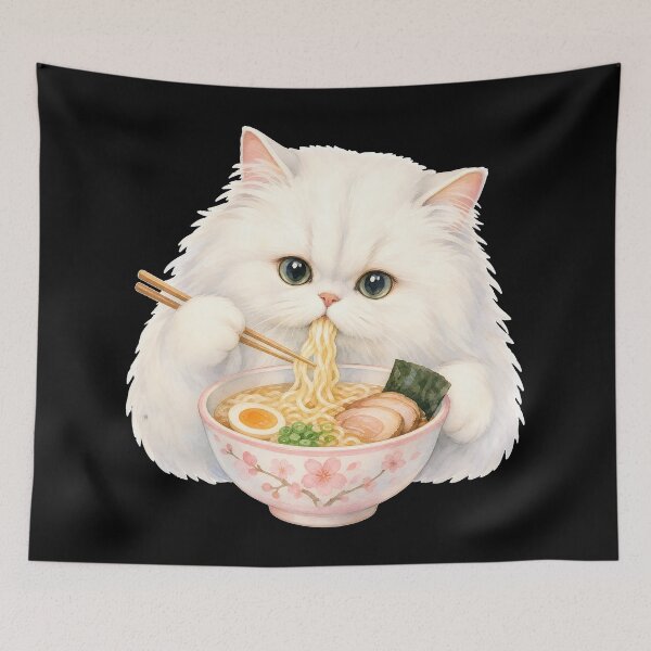 Item preview, cat eating ramen Fluffy White Persian Cat Ramen - Soft Watercolor Pastel Aesthetic designed and sold by Uglyandcute.