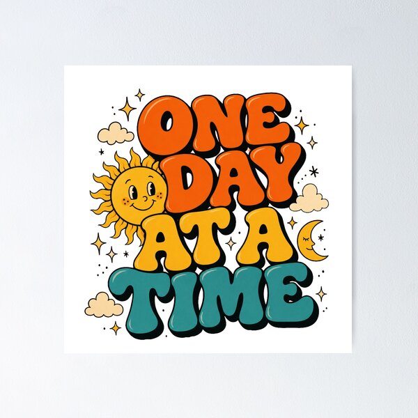 Item preview, One Day At A Time Retro Rainbow Sun Moon Healing Recovery designed and sold by GrooveAndGlow.
