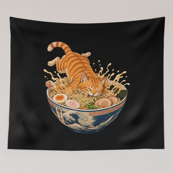 Item preview, cat eating ramen Great Wave Ginger Cat Ramen - Traditional Ukiyo-e Japanese Art designed and sold by Uglyandcute.