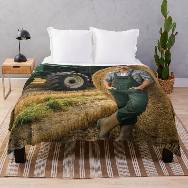 Item preview, Handsome Farmer with Tractor and Hay Bales Countryside Landscape Art designed and sold by UmSkelig834.