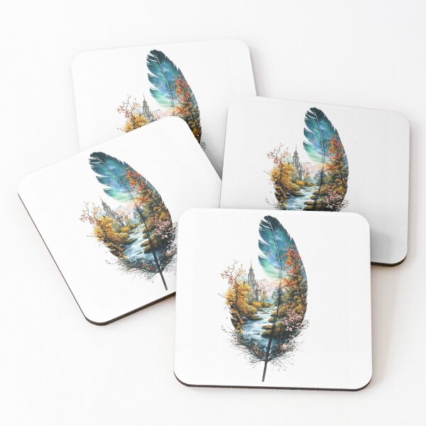 Item preview, Fantasy Feather Landscape | Enchanted Forest River & Cathedral | Dreamy Nature Watercolor Art Print designed and sold by  Mirai_Art  ⭐⭐⭐⭐.