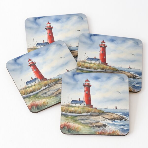 Item preview, Red Lighthouse on Rocky Coast Watercolor Ocean Landscape Art designed and sold by UmSkelig834.