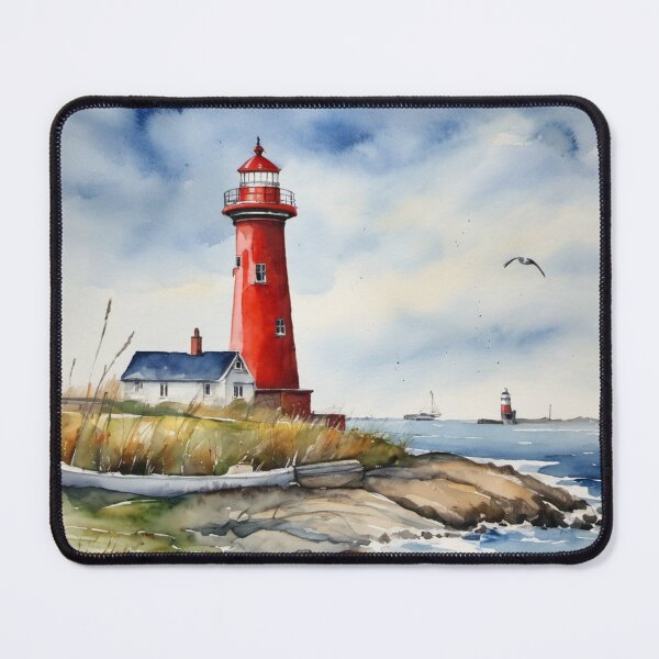 Item preview, Red Lighthouse on Rocky Coast Watercolor Ocean Landscape Art designed and sold by UmSkelig834.