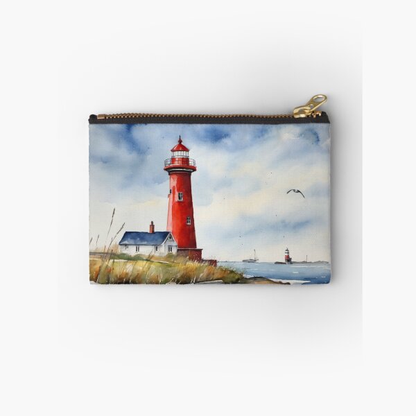 Item preview, Red Lighthouse on Rocky Coast Watercolor Ocean Landscape Art designed and sold by UmSkelig834.