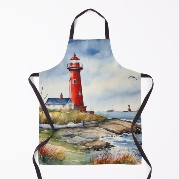 Item preview, Red Lighthouse on Rocky Coast Watercolor Ocean Landscape Art designed and sold by UmSkelig834.
