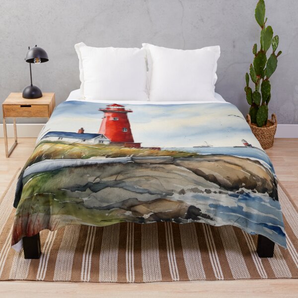Item preview, Red Lighthouse on Rocky Coast Watercolor Ocean Landscape Art designed and sold by UmSkelig834.