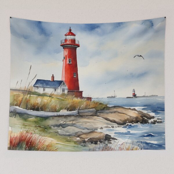 Item preview, Red Lighthouse on Rocky Coast Watercolor Ocean Landscape Art designed and sold by UmSkelig834.