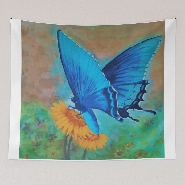 Item preview, Electric Blue Swallowtail Butterfly On Yellow Sunflower Painting designed and sold by ImpastoWild.