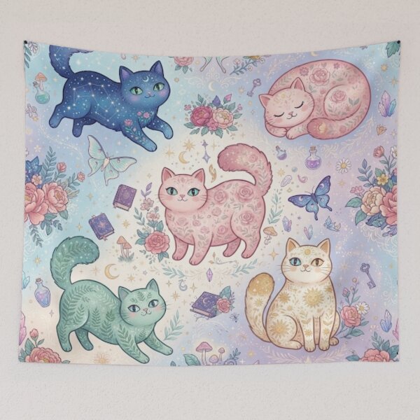 Item preview, Pastel Fantasy Cats with Flowers Seamless Pattern designed and sold by Iampoji.