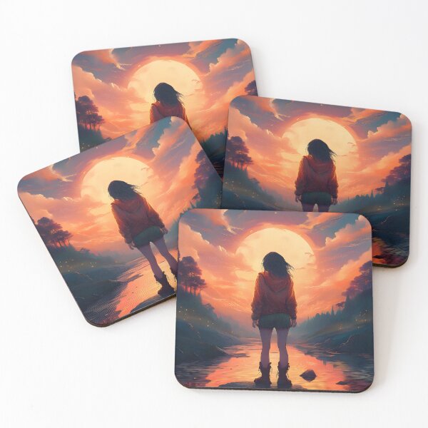 Item preview, Illustration of a girl looking at the moon with an orange sunset designed and sold by Diwi Zuli.