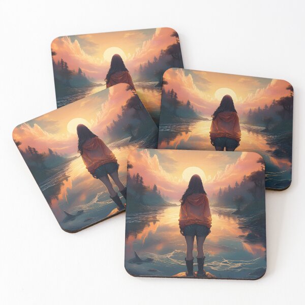 Item preview, Vertical illustration of a girl looking at the moon at sunset designed and sold by Diwi Zuli.