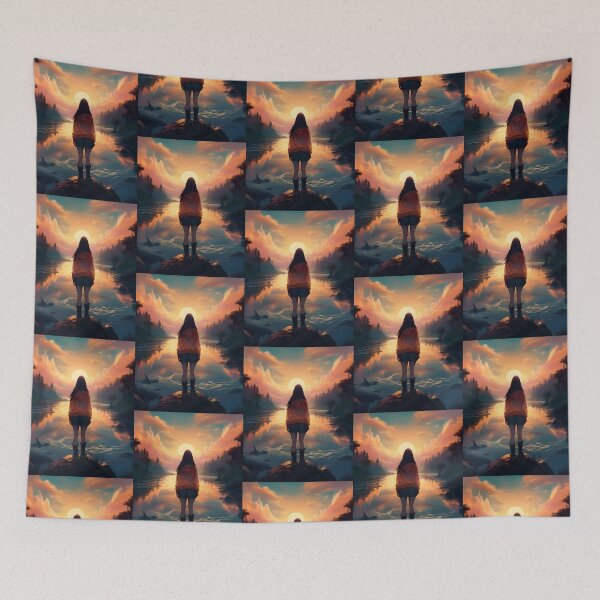 Item preview, Vertical illustration of a girl looking at the moon at sunset designed and sold by Diwi Zuli.