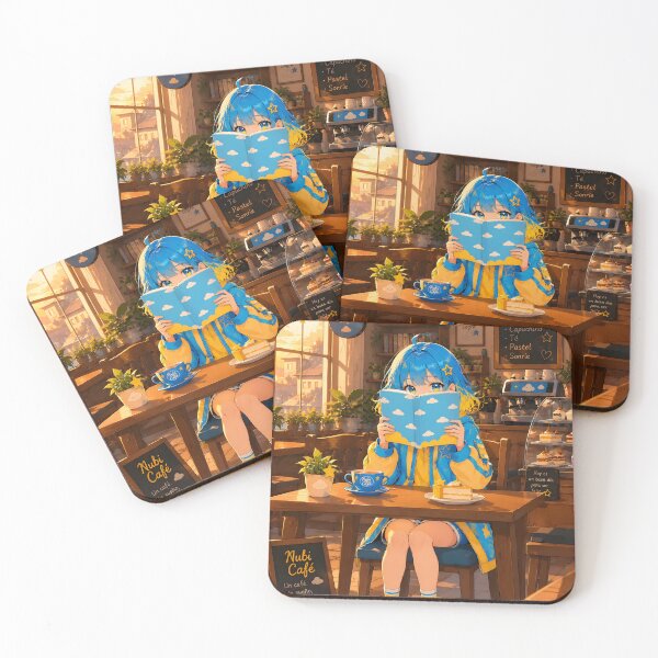 Item preview, Anime girl with blue and yellow hair, reading a book in a cafe (by diwizuli) designed and sold by Diwi Zuli.
