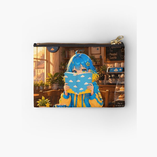 Item preview, Anime girl with blue and yellow hair, reading a book in a cafe (by diwizuli) designed and sold by Diwi Zuli.