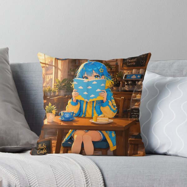 Item preview, Anime girl with blue and yellow hair, reading a book in a cafe (by diwizuli) designed and sold by Diwi Zuli.